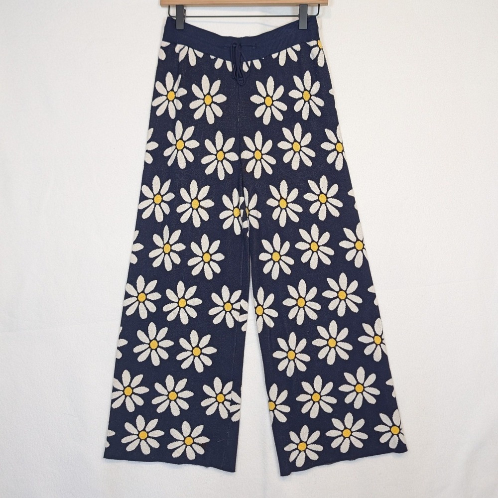 Sugarhill Brighton Navy Daisy Knit Pants Wide Leg Drawstring Trousers Retro US 6